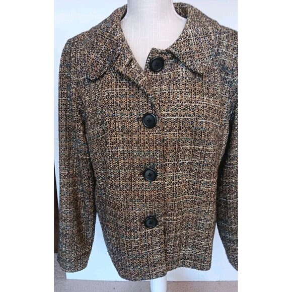 Kim Rogers Vintage Inspired Size 14 Brown Beige Tweed Large Button Blazer - Picture 2 of 8